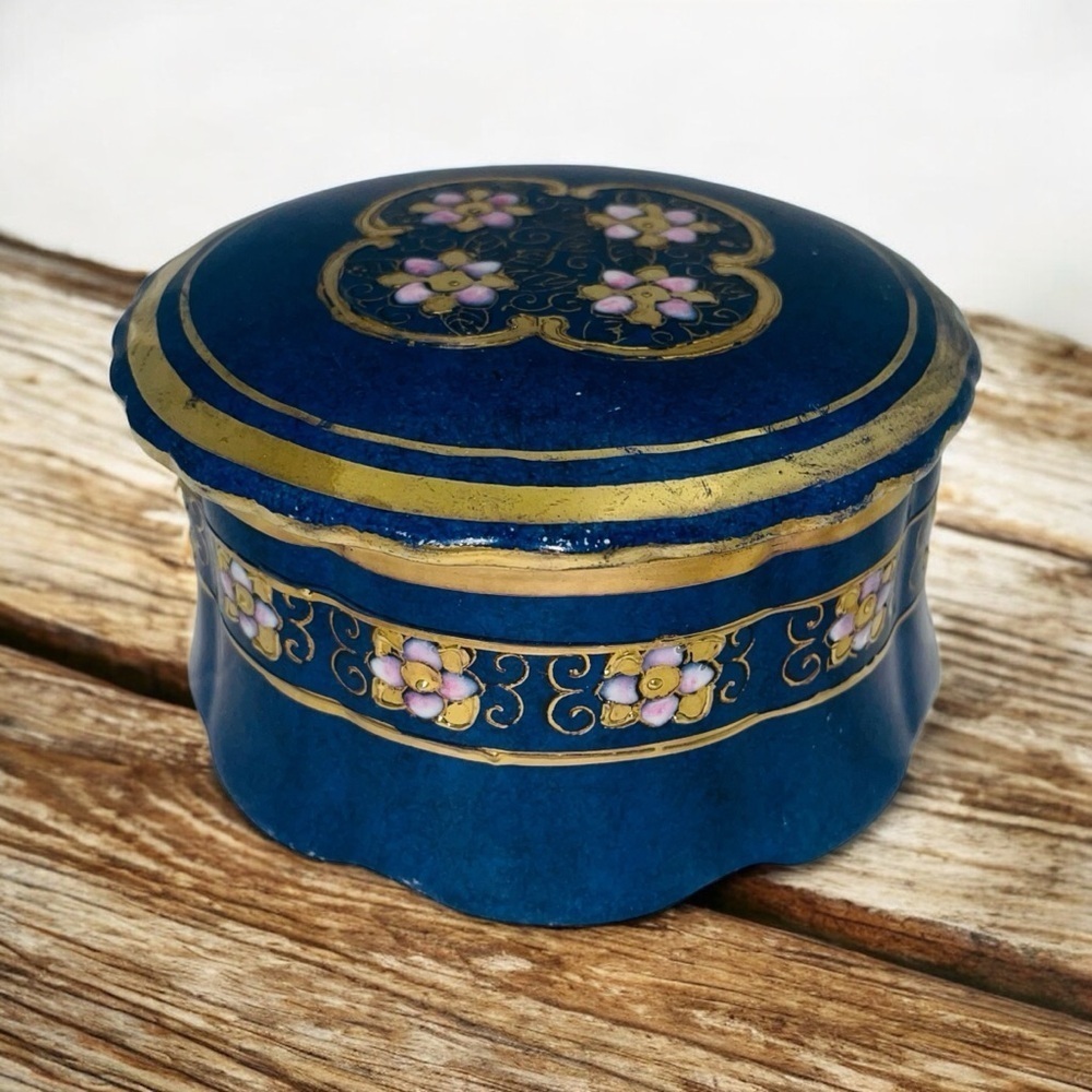 Toyo Cobalt Blue Porcelain Trinket Box with Gold & Floral Detail 4.5” x 2.75”